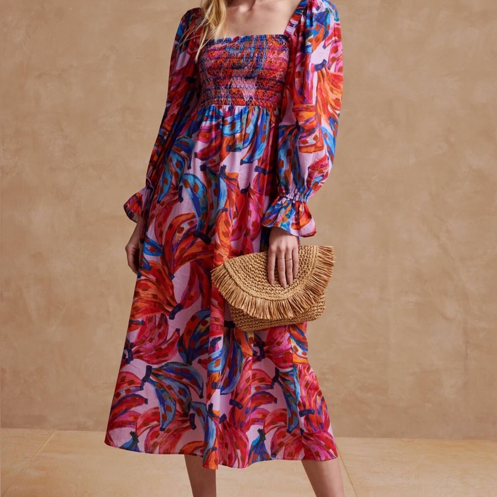 FARM RIO Colored Bananas Smocked Midi-Dress Tropical Resort Medium Cotton